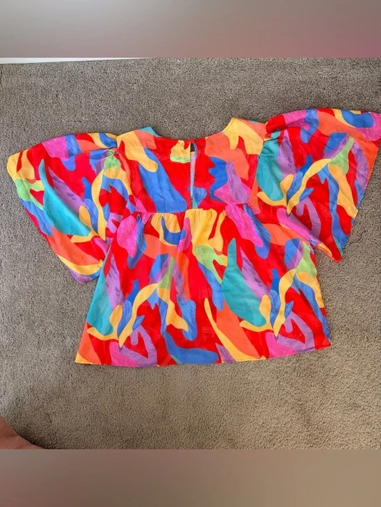 Flying Tomato Abstract Watercolor Butterfly Sleeve Blouse Top L - Picture 5 of 9